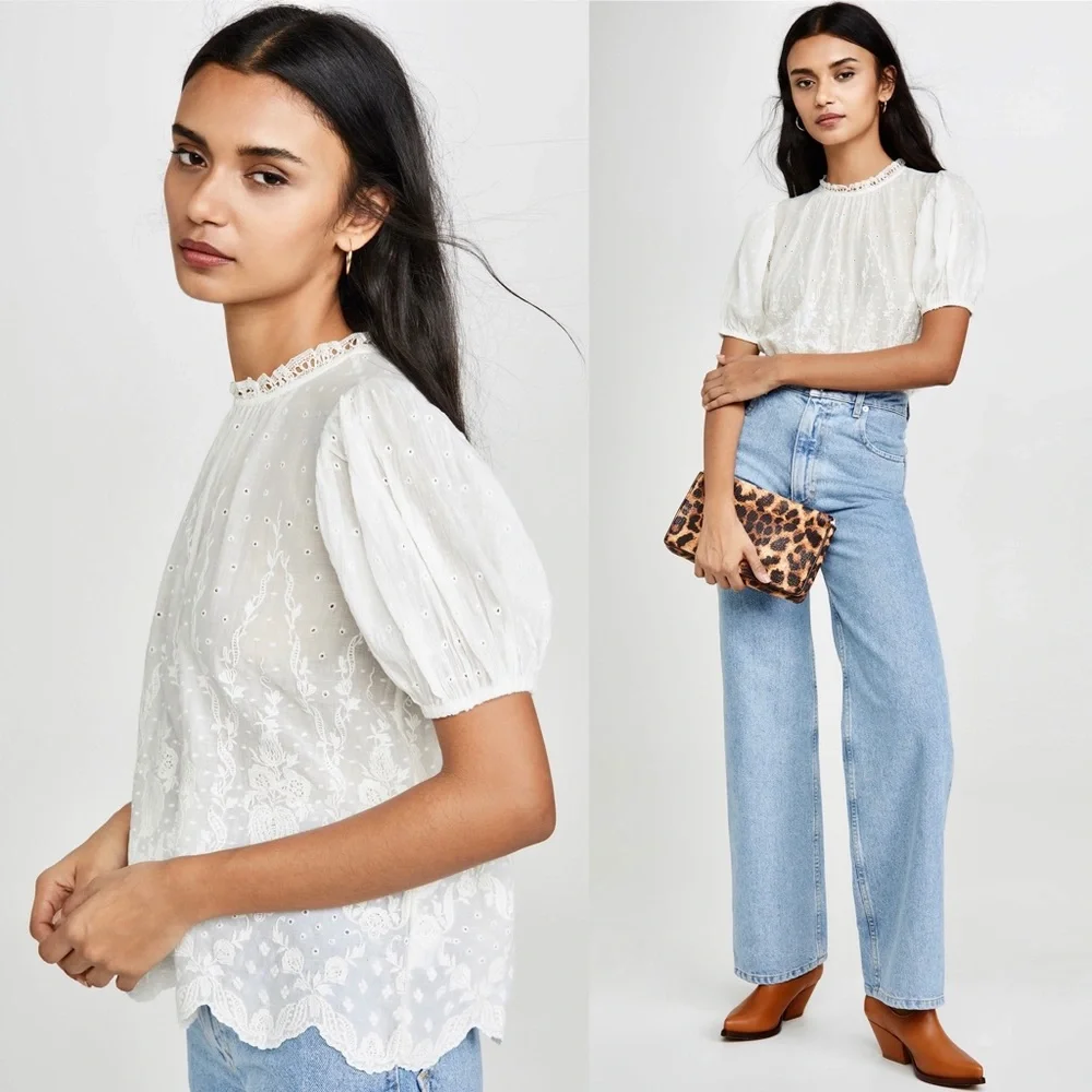 ✨RARE✨ ULLA JOHNSON Emmie Embroidered Lace Puff Sleeve Top in Blanc White